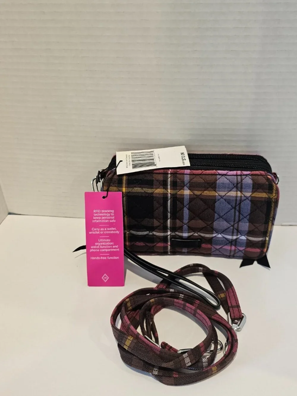 NWT Vera Bradley RFID All in One Crossbody Cozy Plaid Black Blue Wristlet Wallet